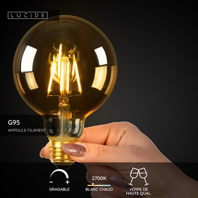 Lucide G95 - Ampoule filament - Ø 9,5 cm - LED Dim. - E27 - 1x5W 2700K - Ambre